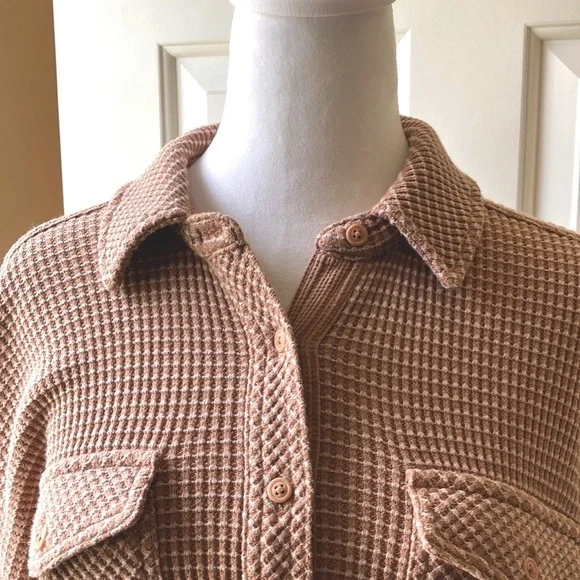 Aerie Women’s Textured Waffle Shirt Long Sleeve Brown & Cream Size Oversized XXS - Picture 8 of 16